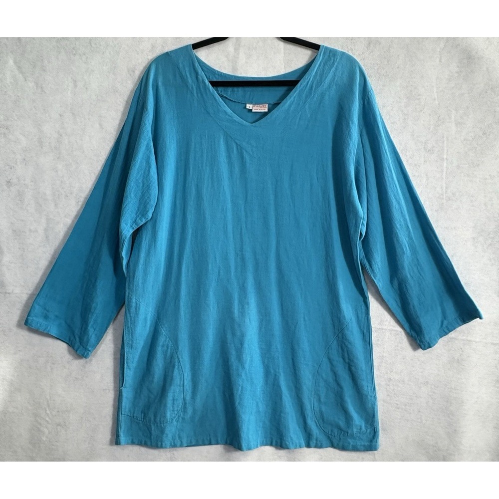 B GUAZE Women Cotton Pullover Short Sleeve Pockets V Neck Tunic Sz XL Teal 5-28